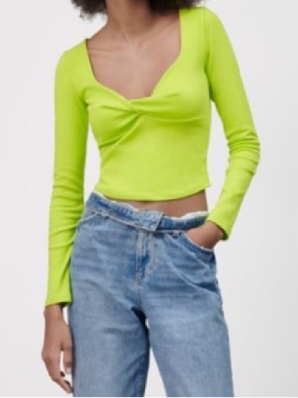 Zara Neon Lime Twist-Front Long Sleeve Crop Top